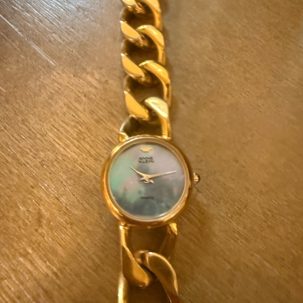 Vintage 1990s Anne Klein Gold-Tone Chain Link Watch with Mother-of-Pearl Dial